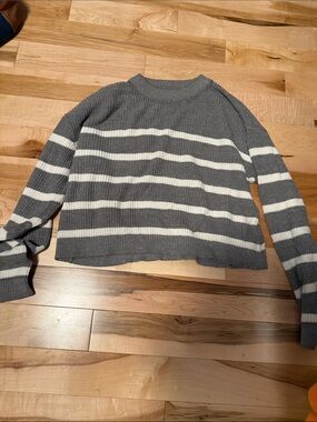 H&M Gray and White Striped Crewneck Sweater